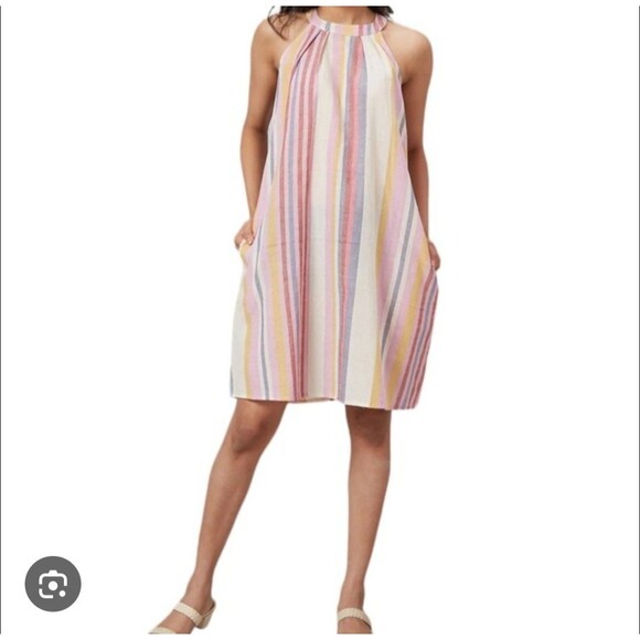 C&C California Linen Halter Dress S Sleeveless Pastel Stripe Keyhole Mini 223 - Picture 1 of 8